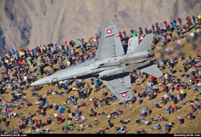 F/A-18C Hornet passing low over Tschingel