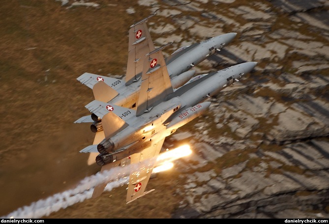 Two F/A-18C Hornets shooting flares